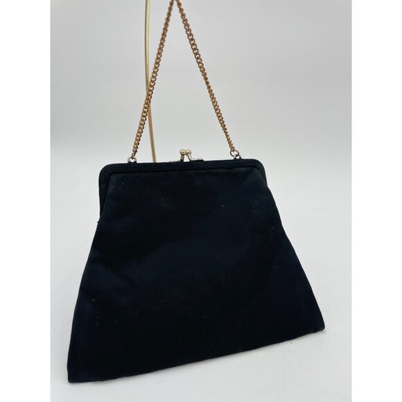 Vintage Embroidered Black Satin Evening Bag With Gold Chain & Clasp Closure - Picture 4 of 4